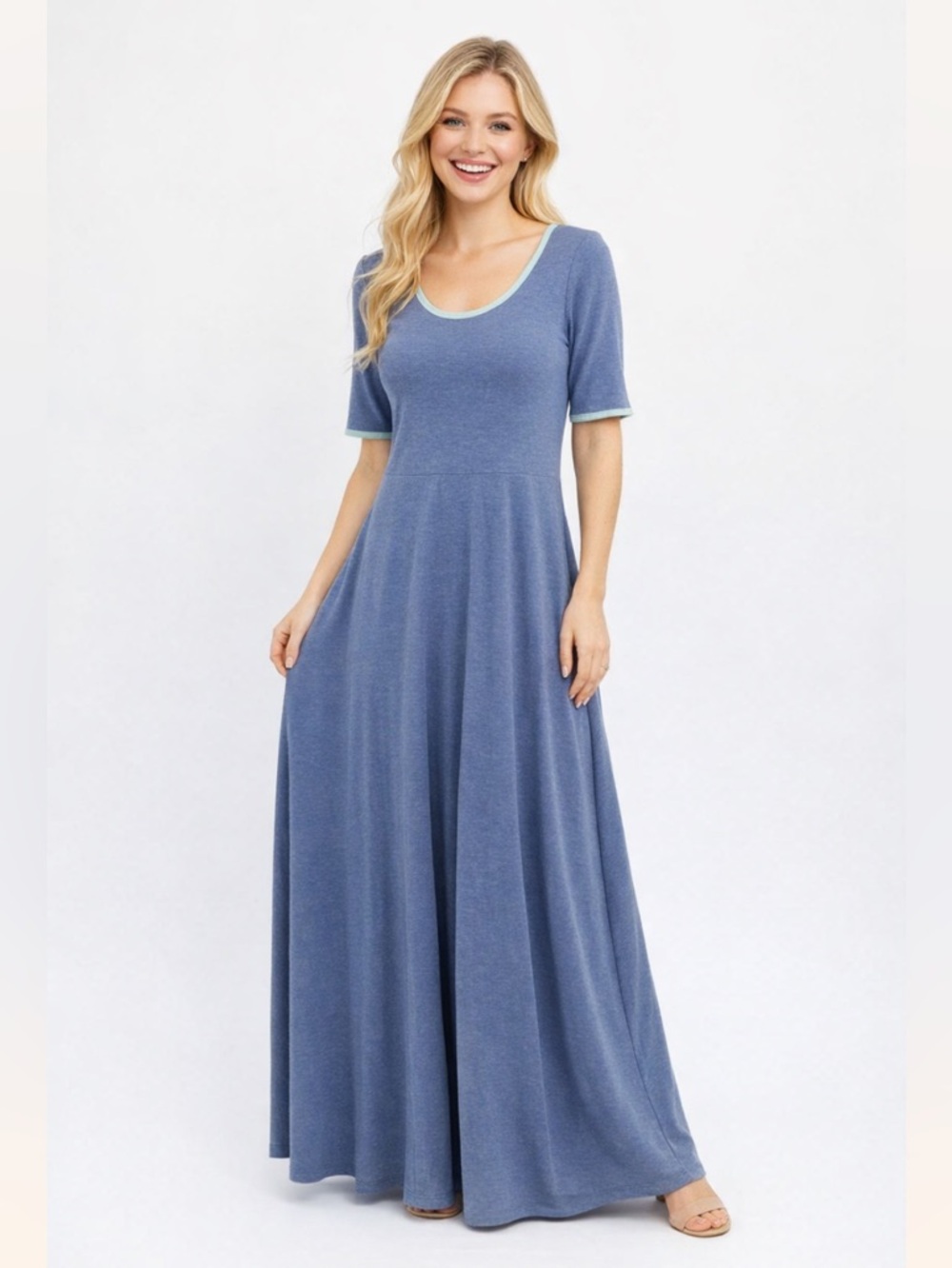 LuLaRoe Ana Maxi Dress  Boho Blue Heather with Mint Trim Short Sleeves Size L